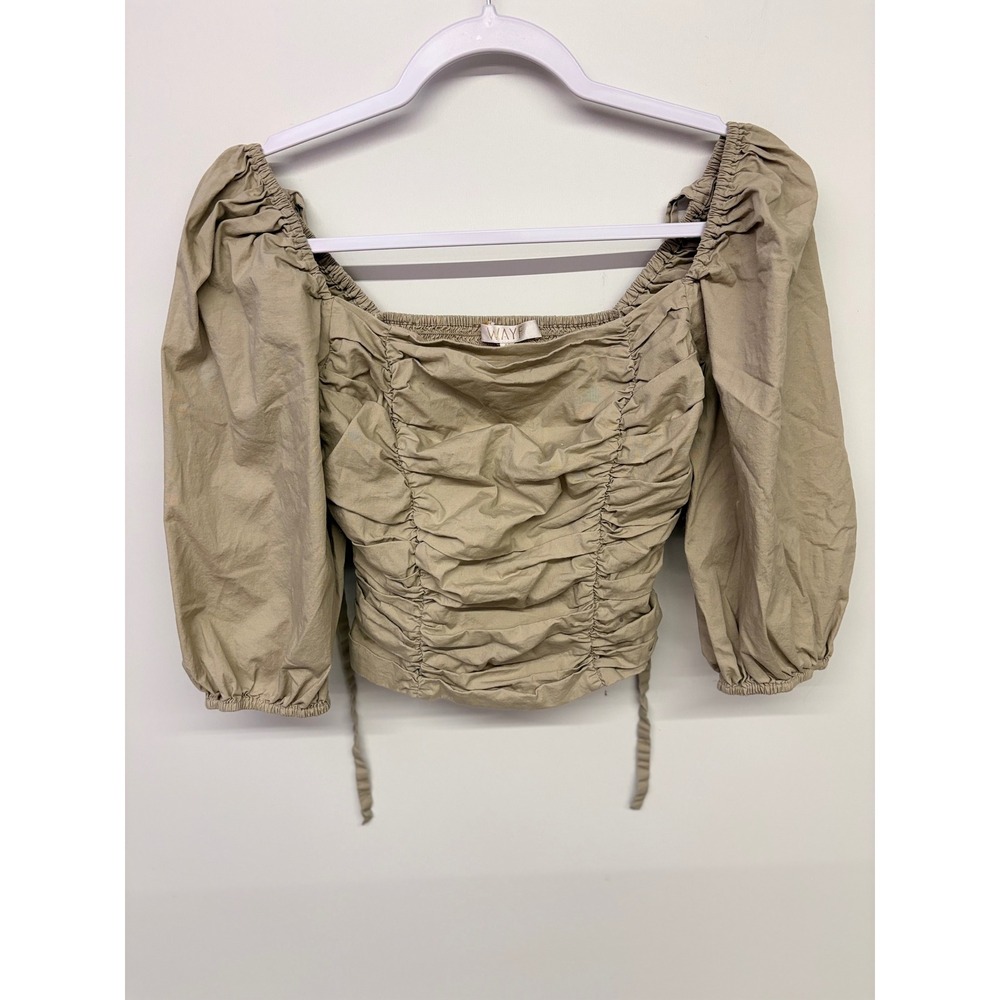 Cottagecore Milkmaid Top Ruched Puff Sleeve WAYF Women M Tan